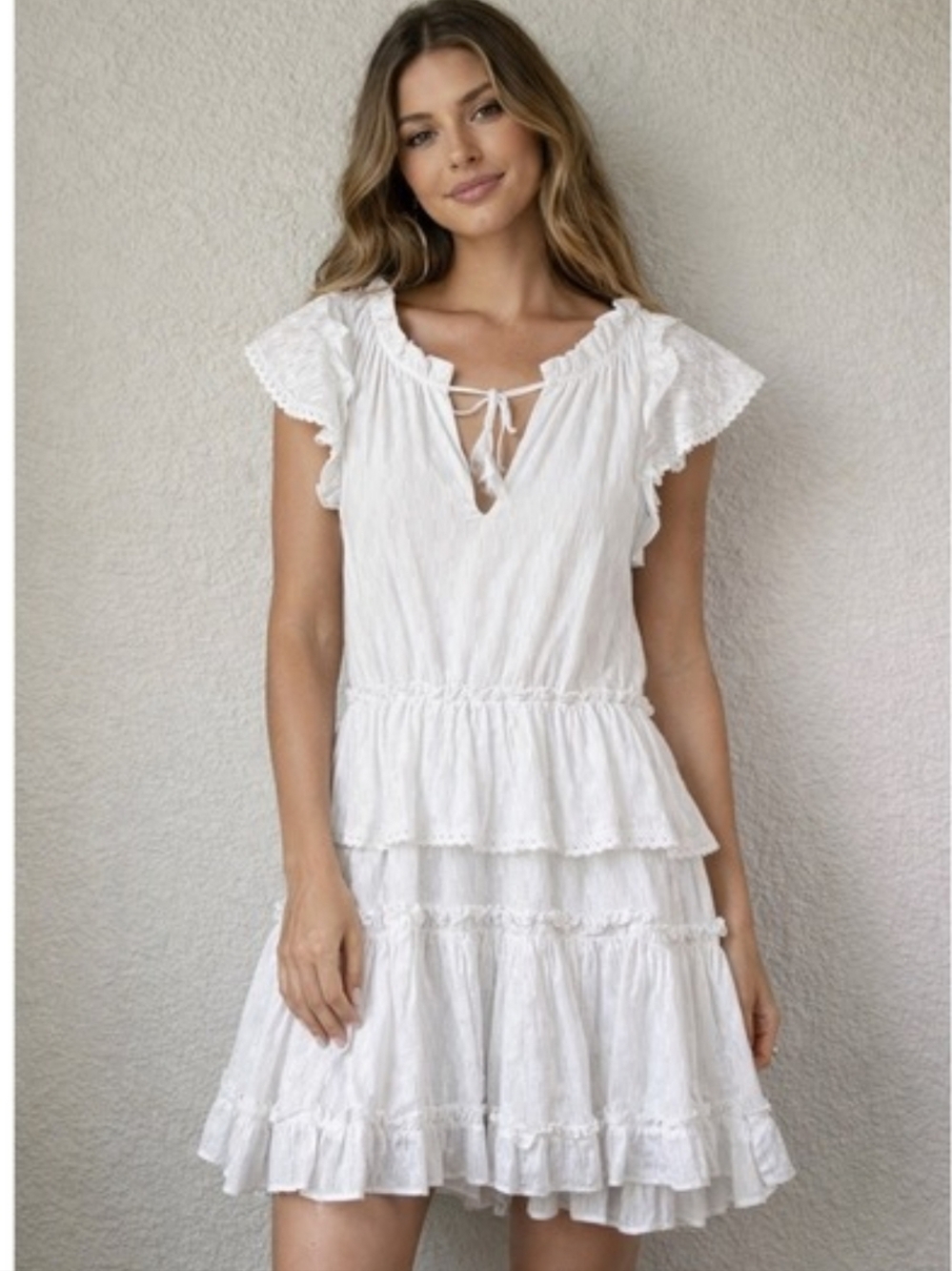 MISA Los Angeles White Tiered Ruffled Mini Dress